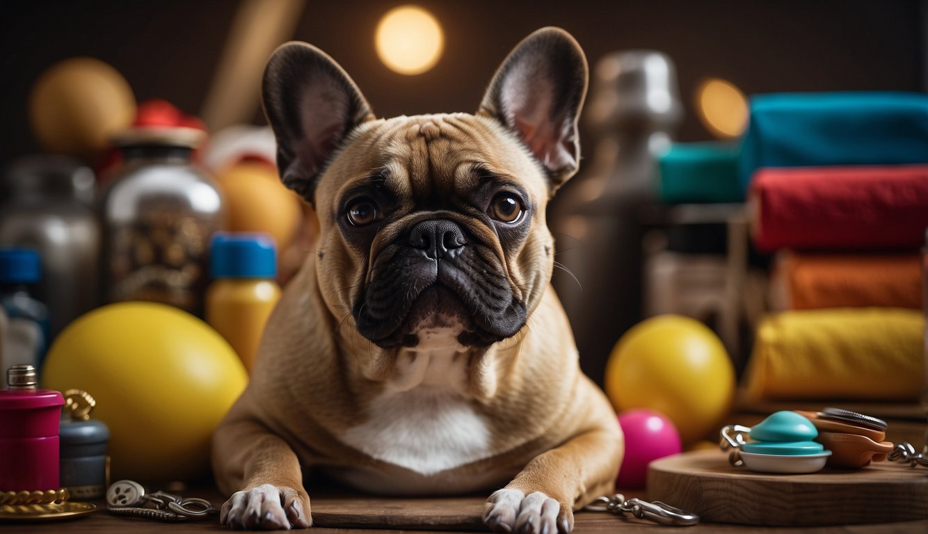 A French Bulldog sits beside a stack of dog essentials. The essentials include a collar, leash, food bowl, and a toy. The dog is surrounded by items that represent its care and needs