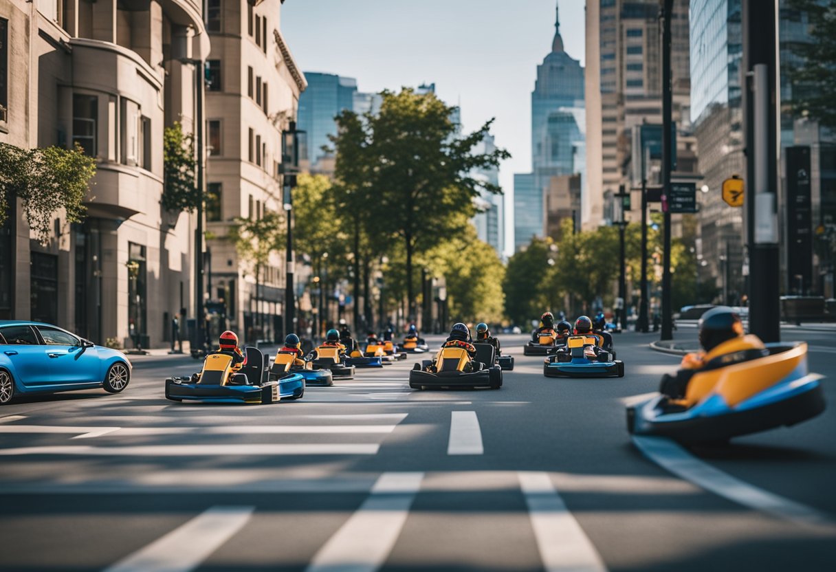 Colorful go karts zoom down a city street, passing by cars and pedestrians. Traffic signs and street lights surround the road, while buildings and trees line the sidewalks