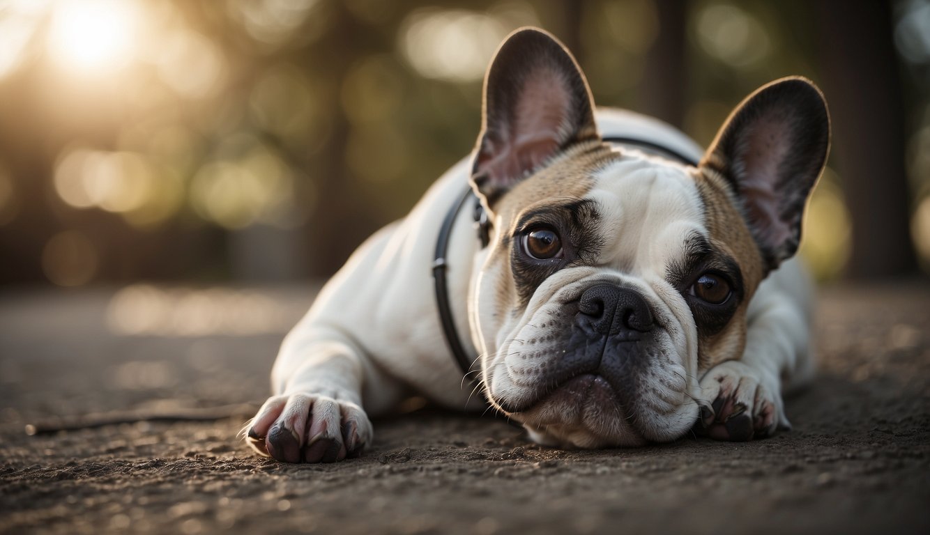 A French Bulldog laying down, showing signs of respiratory distress, skin issues, and a corkscrew tail