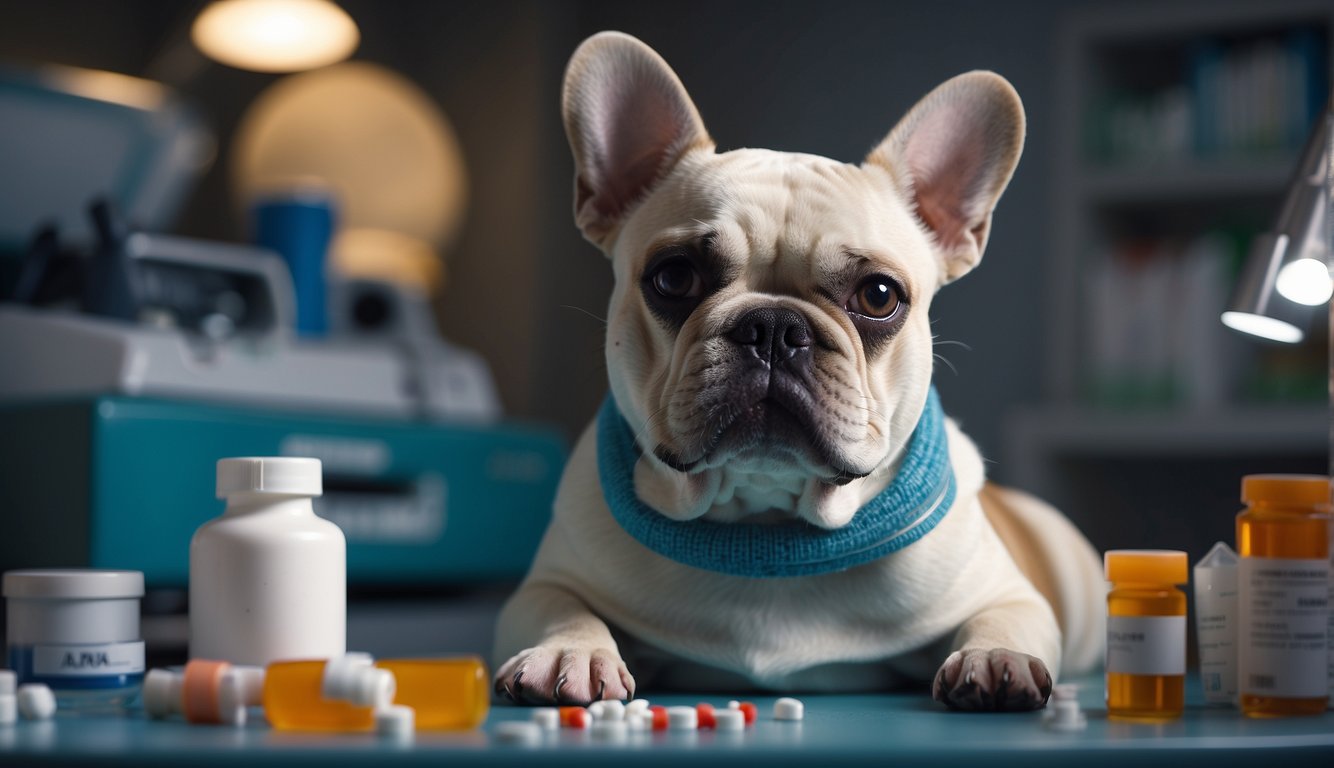 A French Bulldog with a sad expression, sitting with droopy ears and a visible skin condition, surrounded by medical equipment and prescription medications