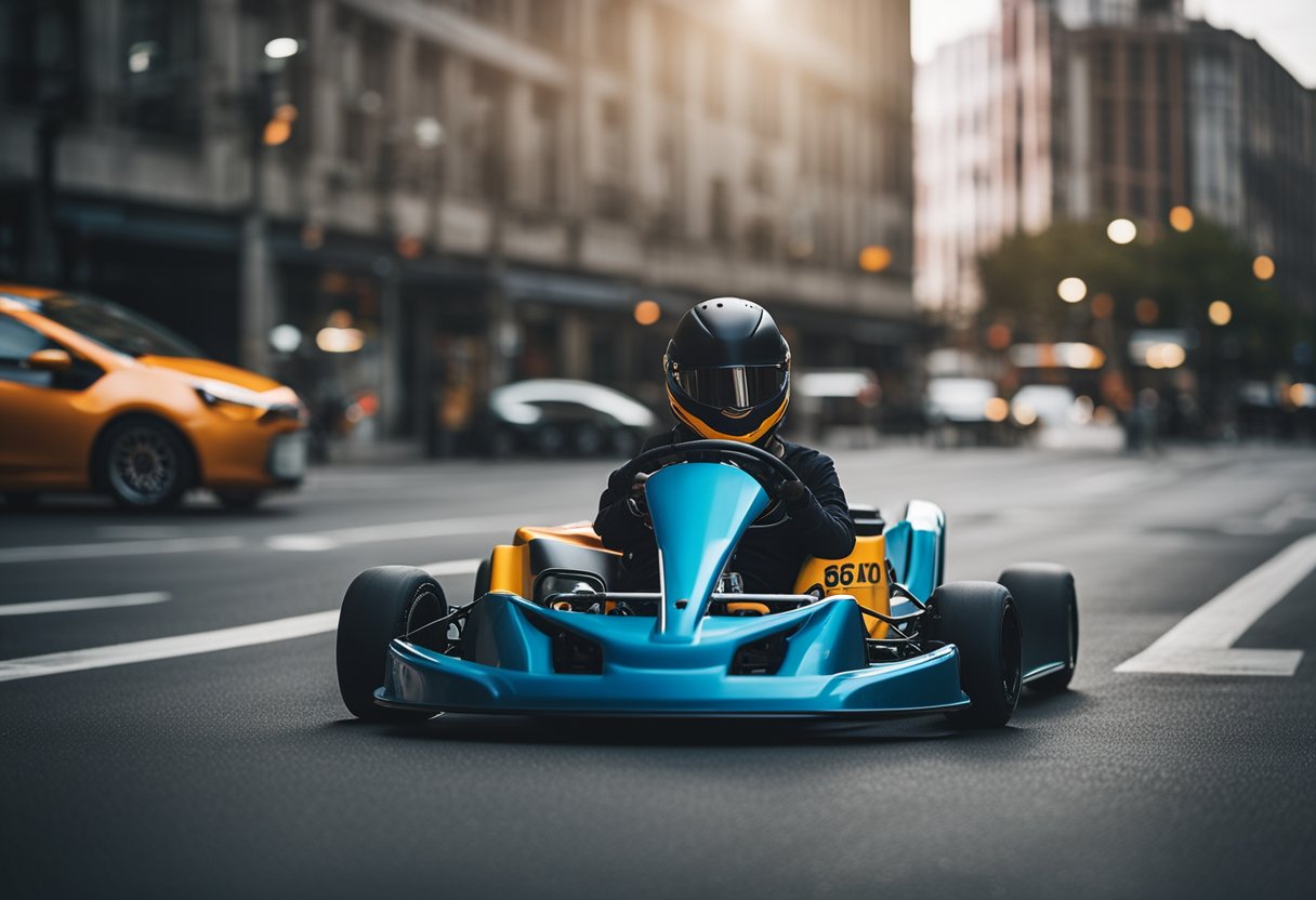 A go-kart parked on a city street, surrounded by traffic signs and regulations. The kart is sleek and modern, with bright colors and a visible license plate