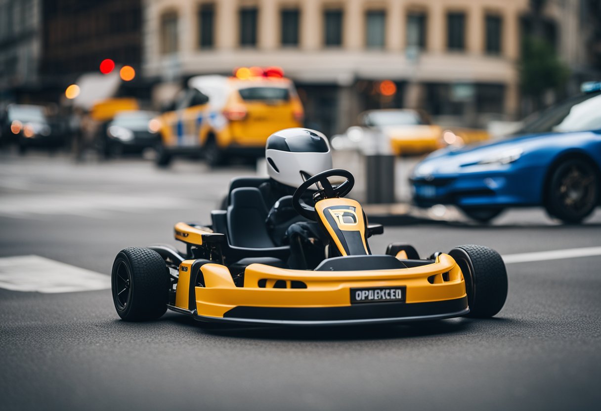 A go-kart is parked on a city street, surrounded by traffic signs and buildings. A police car is seen in the background, indicating enforcement of street legality