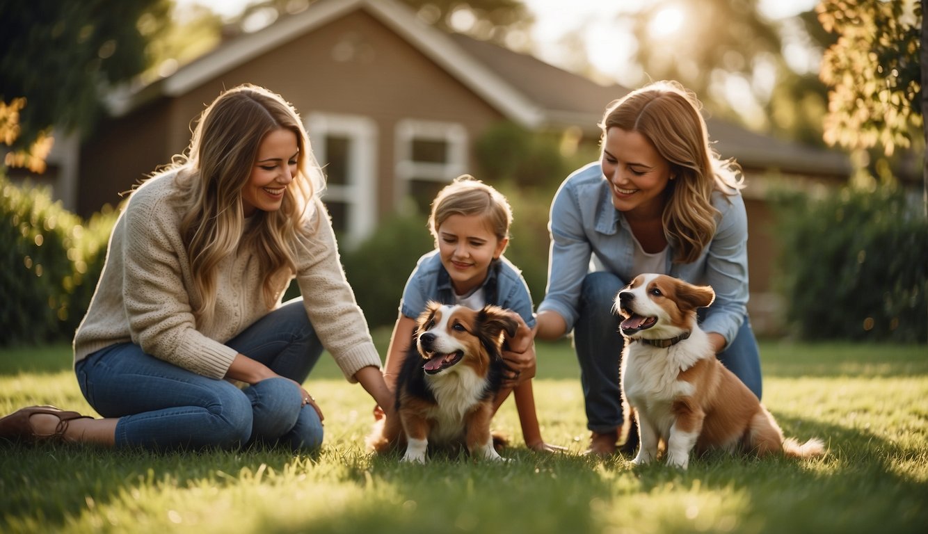 A happy family playing with a friendly and obedient dog in a spacious backyard. The dog is a popular breed known for being great for first-time owners