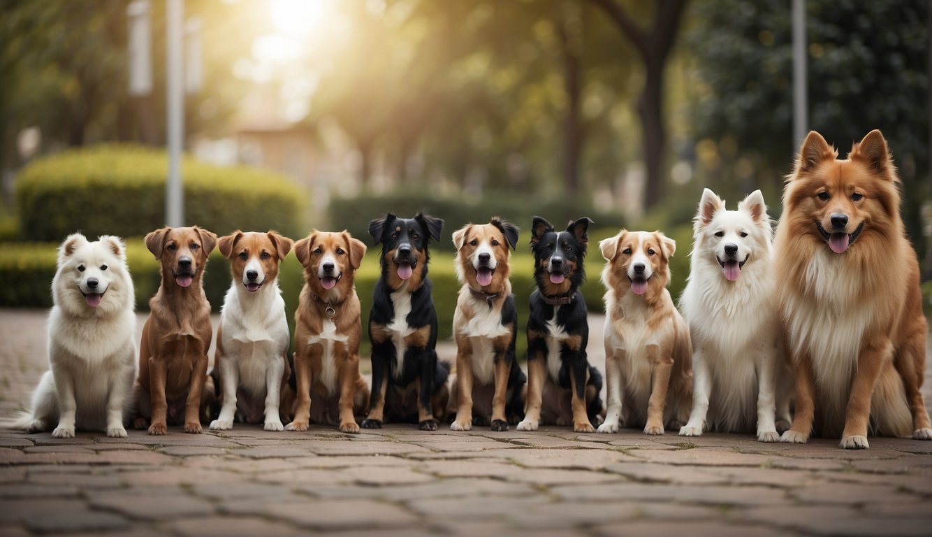 A variety of dog breeds are displayed, each with unique characteristics. A first-time owner is seen interacting with different dogs, considering which breed to choose