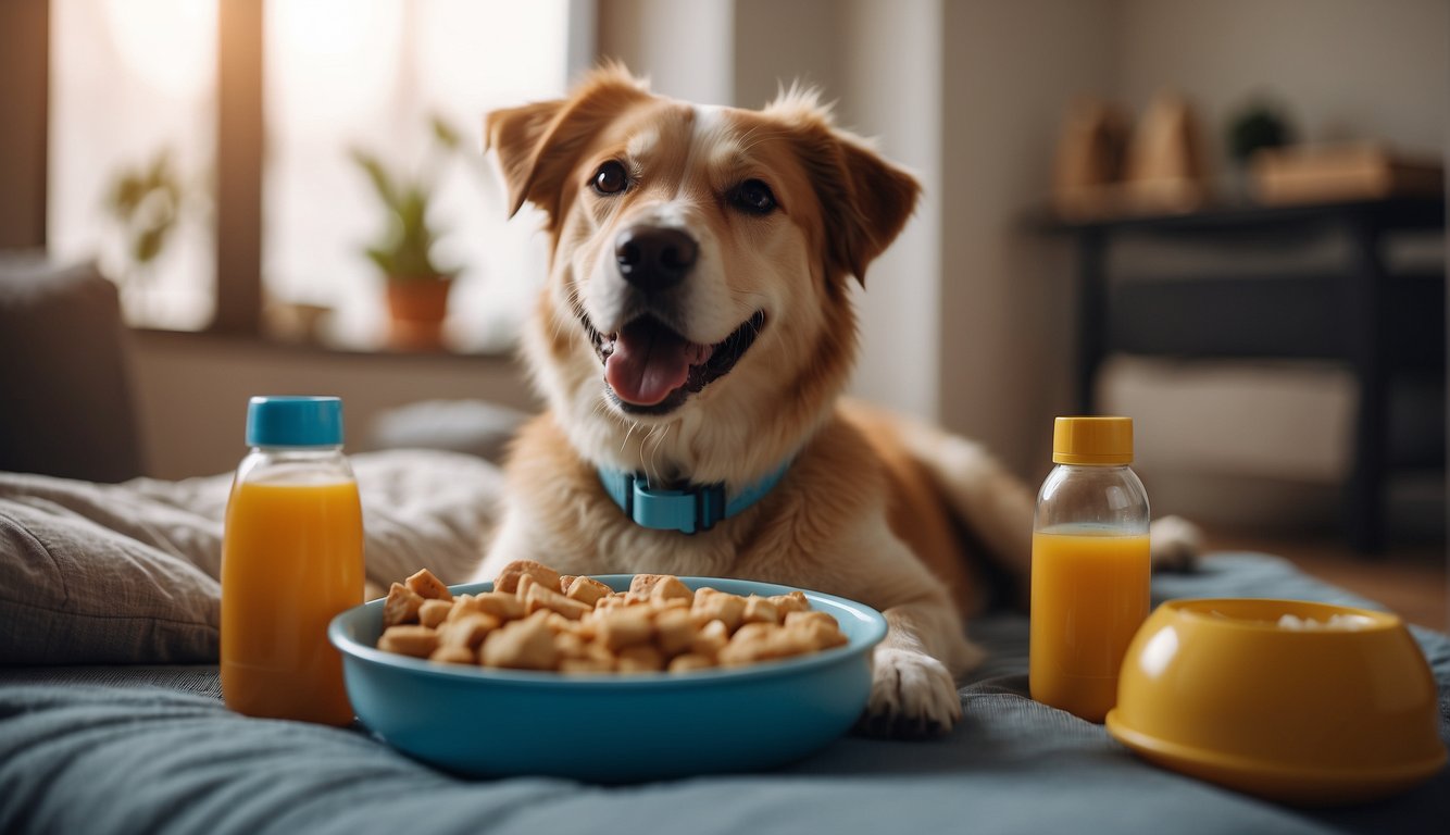 A happy dog being cared for by its owner, with a bowl of food and water, a comfy bed, and toys nearby