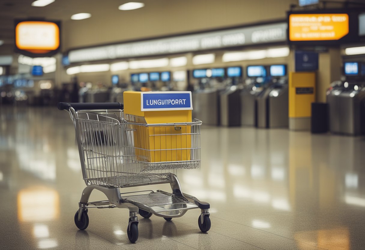 An airport skycap stands by a luggage cart with a tip jar. Signs nearby indicate cultural tipping norms