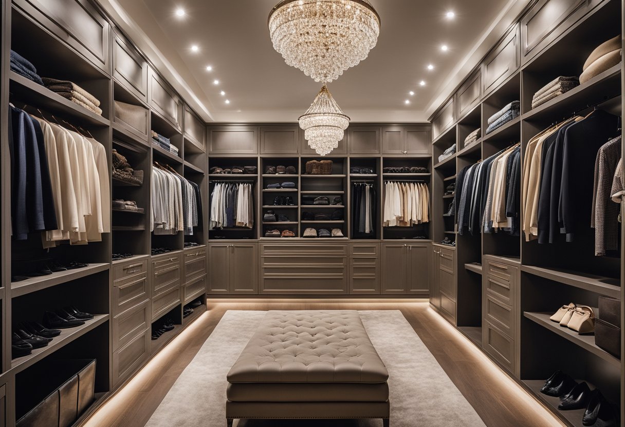 A walk-in closet filled with classic, high-quality garments from top luxury brands, showcasing the timeless elegance and sophistication of old money fashion