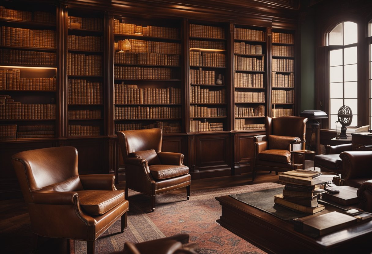 A sophisticated study room with vintage leather armchairs, a mahogany desk, and bookshelves filled with classic literature and antique artifacts