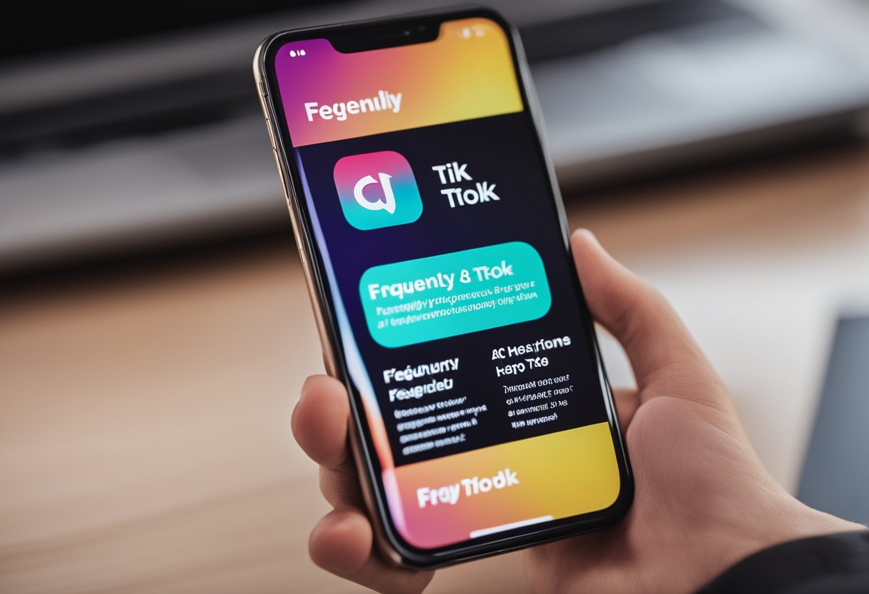 A Smartphone Displaying A Tiktok App With The &Quot;Frequently Asked Questions&Quot; Section Open, Surrounded By Colorful And Engaging Visuals