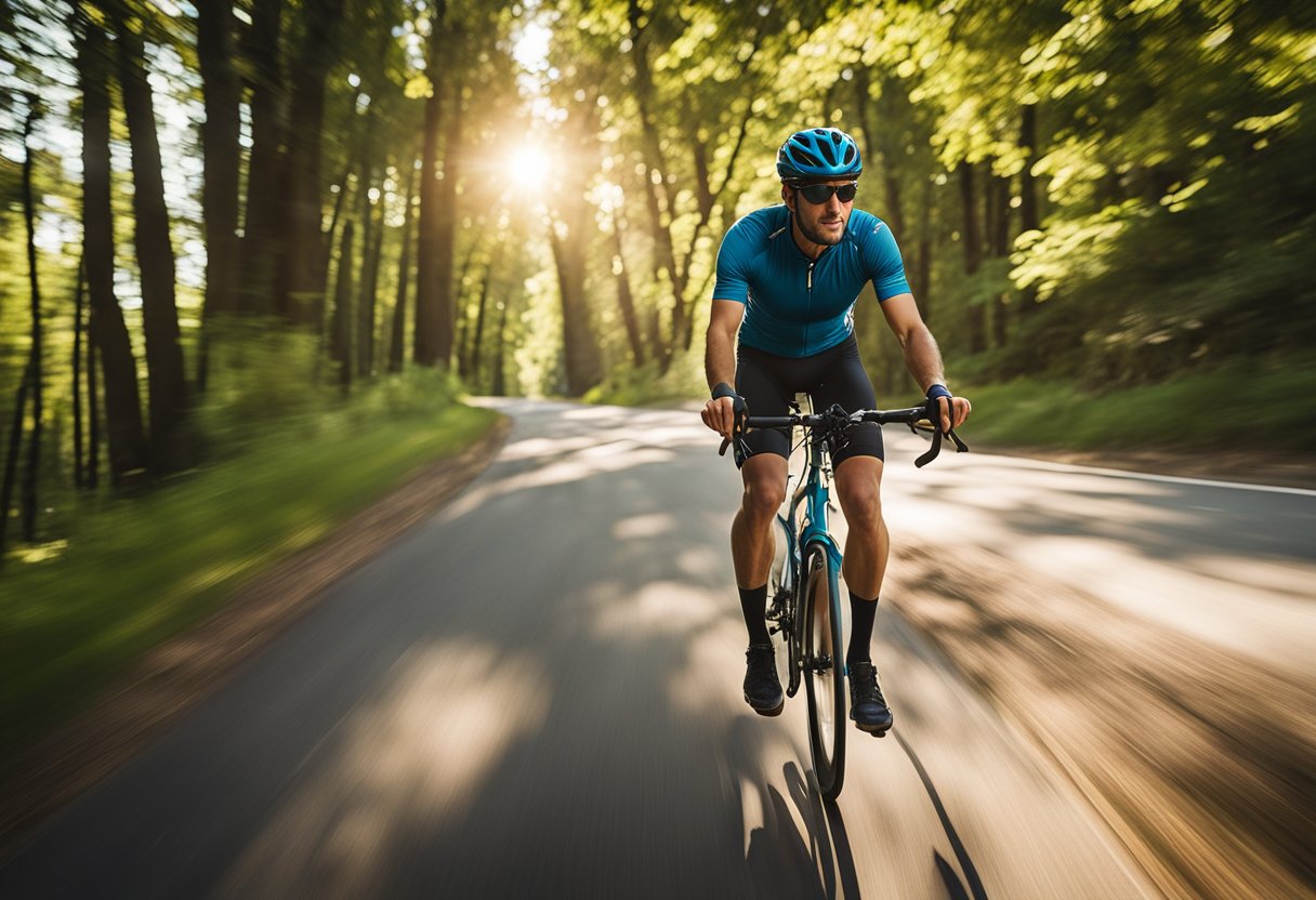 A cyclist wearing earbuds, riding a bike on a scenic trail with wind blowing through the trees and the sun shining in the background