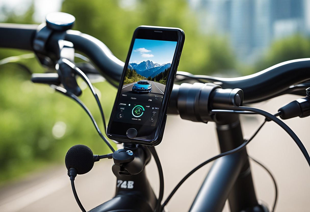 Earbuds connected to a smartphone, attached to a bike's handlebars. Controls easily accessible for adjusting volume and skipping tracks