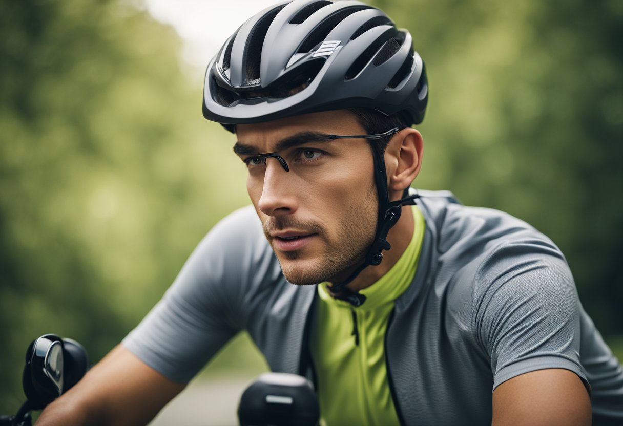 A cyclist wearing a helmet rides along a scenic road, with earbuds in place, enjoying the music while staying focused on the ride