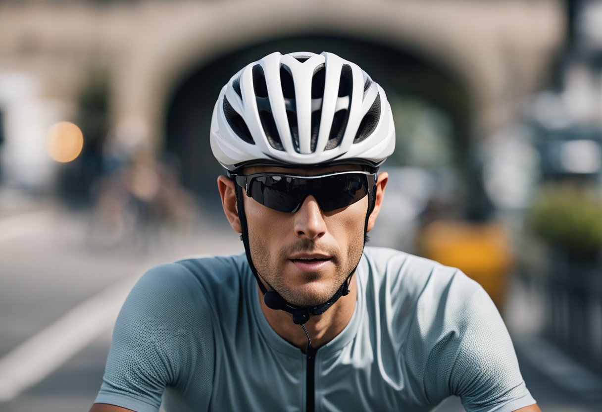 A cyclist wearing a helmet and reflective gear rides a bike while wearing earbuds designed for outdoor activities. The cyclist is mindful of their surroundings and follows traffic rules to ensure safety