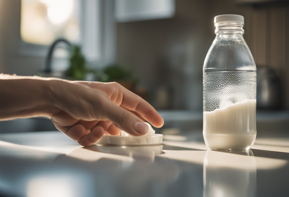 A hand reaches for a bottle of probiotics on a kitchen counter, next to a glass of water and a bowl of yogurt. The morning sunlight streams in through the window