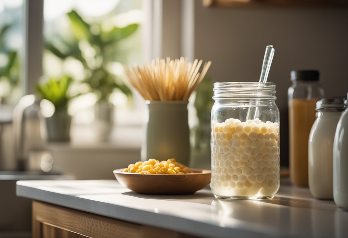 A jar of probiotics sits on a kitchen counter, next to a glass of water and a plate of food. The morning sun streams through the window, illuminating the scene