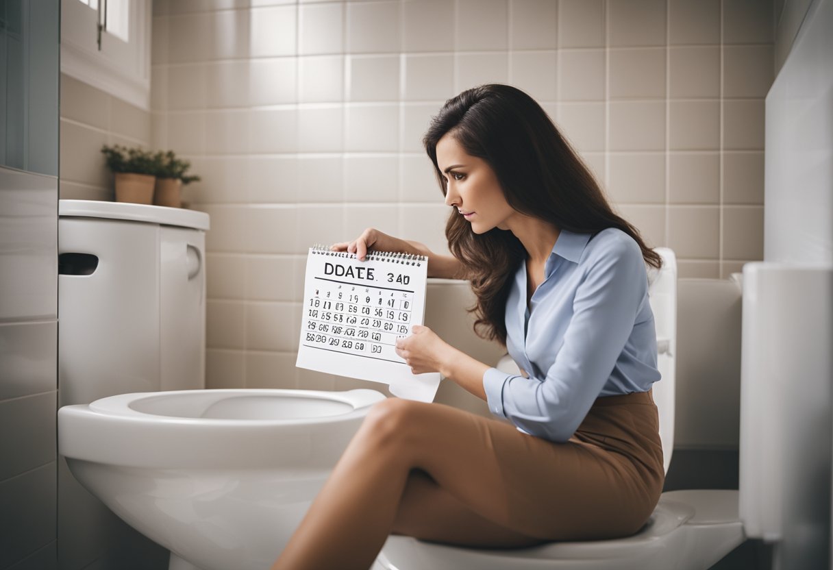 A woman sitting on a toilet, holding her lower abdomen in discomfort while looking at a calendar marked with menstrual cycle dates