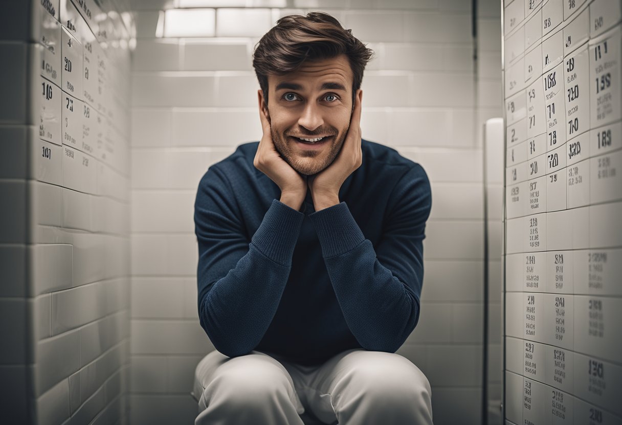 A person sitting on a toilet, grimacing in discomfort, with a calendar showing dates crossed out