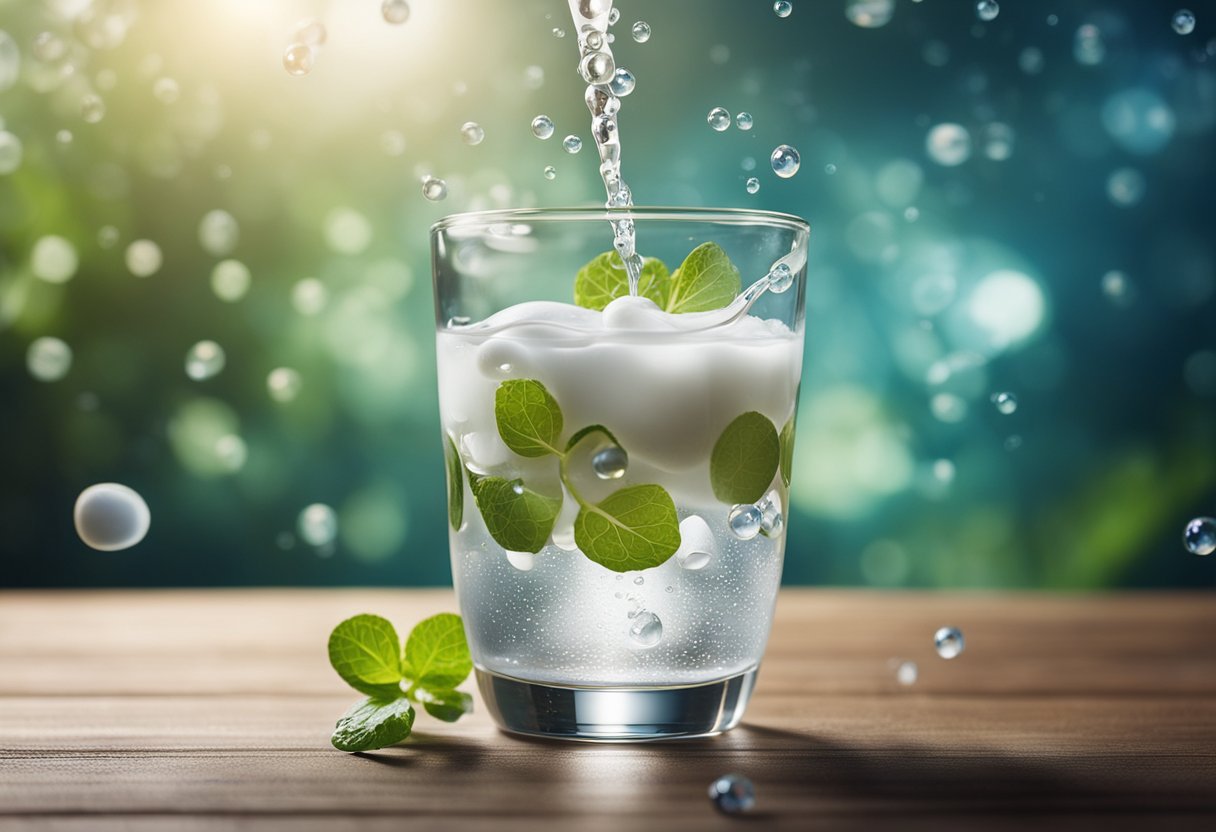 A clear glass of water with bubbles rising, surrounded by various types of probiotic-rich foods like yogurt, kefir, and sauerkraut