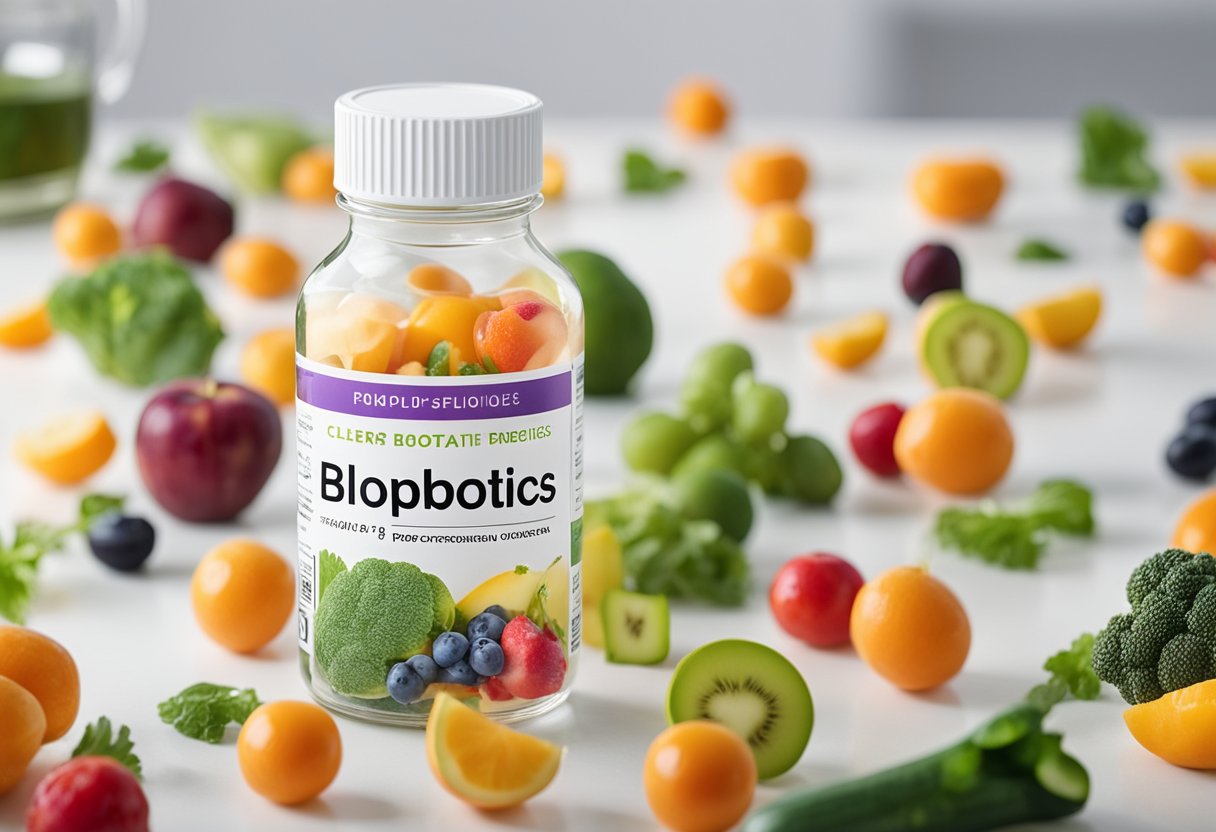 A clear glass bottle of probiotics stands on a white countertop, surrounded by colorful, fresh fruits and vegetables. The label on the bottle prominently displays the word "Probiotics for Bloating."