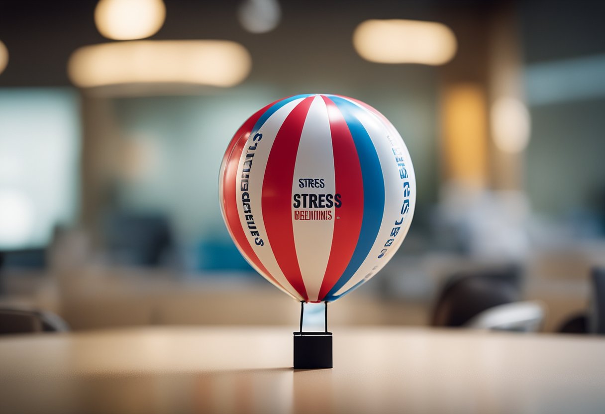 A bloated balloon with the word "stress" written on it, surrounded by various stress-inducing factors like work, relationships, and deadlines