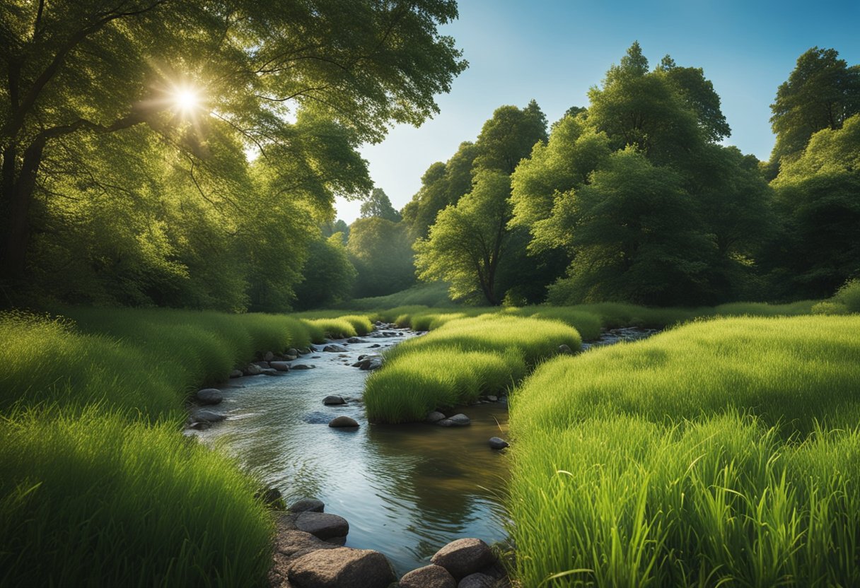 A serene landscape with a clear blue sky, lush greenery, and a peaceful stream, evoking a sense of calm and tranquility