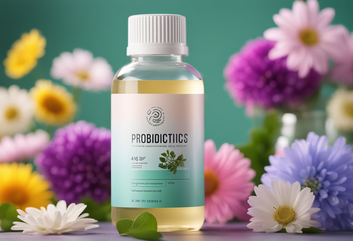 A colorful bottle of probiotics sits on a serene background, surrounded by calming elements like flowers and soothing colors