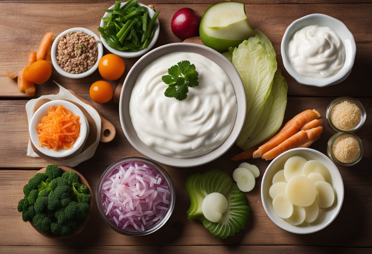 A variety of low histamine probiotic foods arranged on a wooden table, including yogurt, kefir, sauerkraut, and kimchi