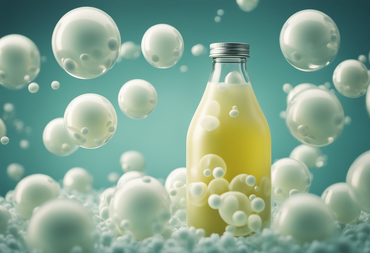 A bottle of probiotics surrounded by gassy bubbles, with a cloud of discomfort floating above