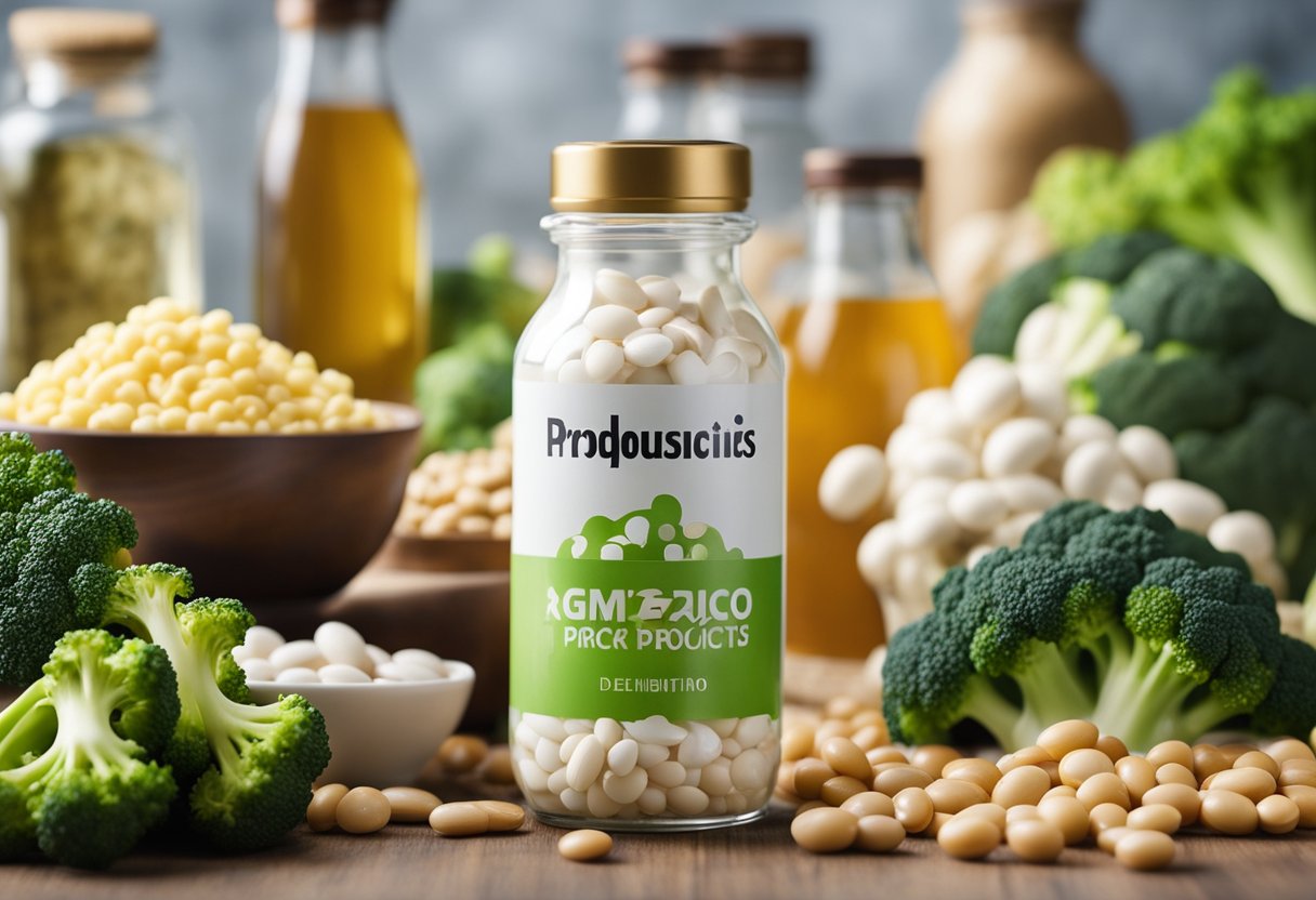 A bottle of probiotics surrounded by various gas-producing foods, such as beans and broccoli, with a cloud of gas hovering over them