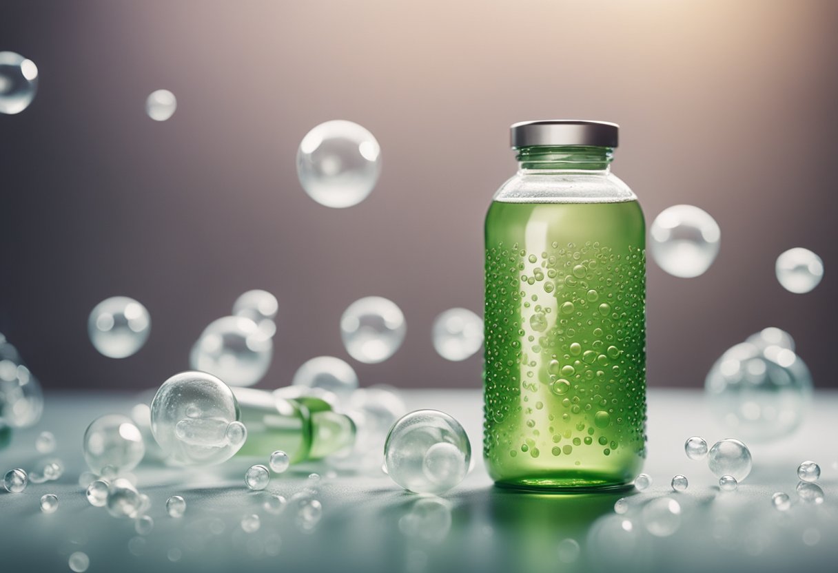 A bottle of probiotics surrounded by gas bubbles, with a clear and soothing background