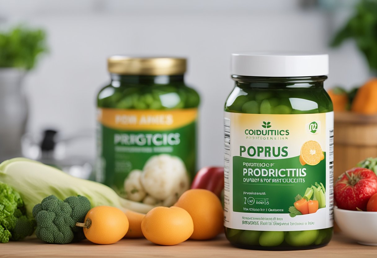 A jar of probiotics sits on a kitchen counter next to a bowl of fresh fruits and vegetables. The label on the jar reads "Probiotics for diverticulitis."