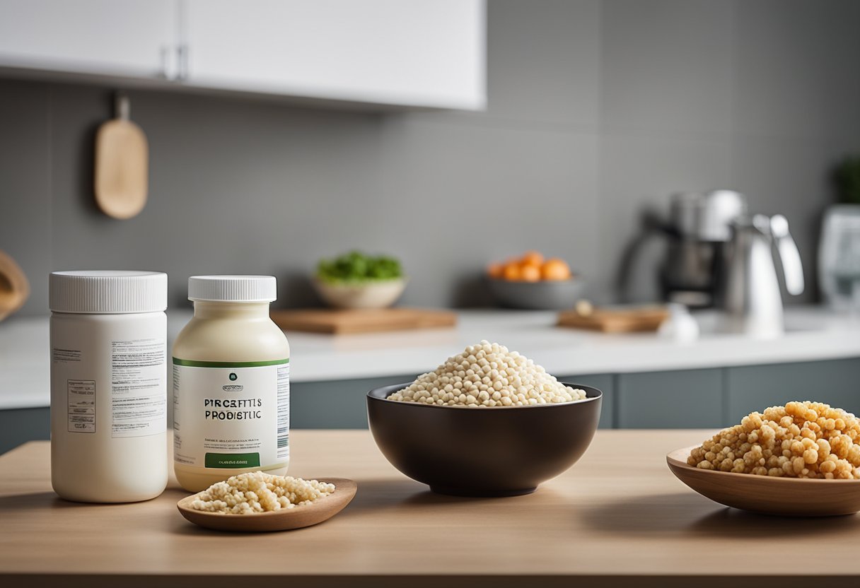 A bottle of probiotics sits on a kitchen counter, next to a bowl of high-fiber foods. A diagram of the digestive system hangs on the wall, with a focus on the colon
