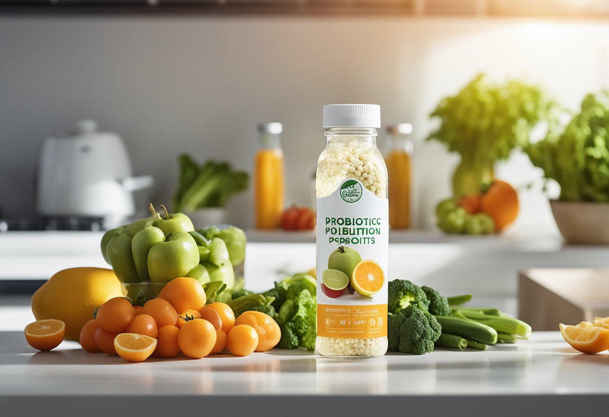 A bottle of probiotics sits on a clean, white countertop, surrounded by fresh fruits and vegetables. A ray of sunlight shines on the bottle, highlighting its importance in promoting gut health