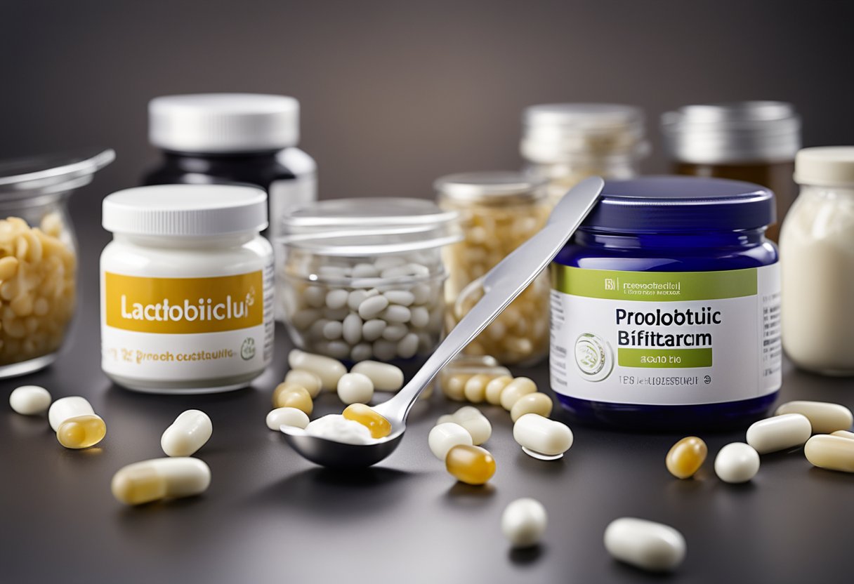 Various probiotic strains in capsules and yogurt, with labels indicating "Lactobacillus" and "Bifidobacterium." A bottle of probiotic liquid and a spoon