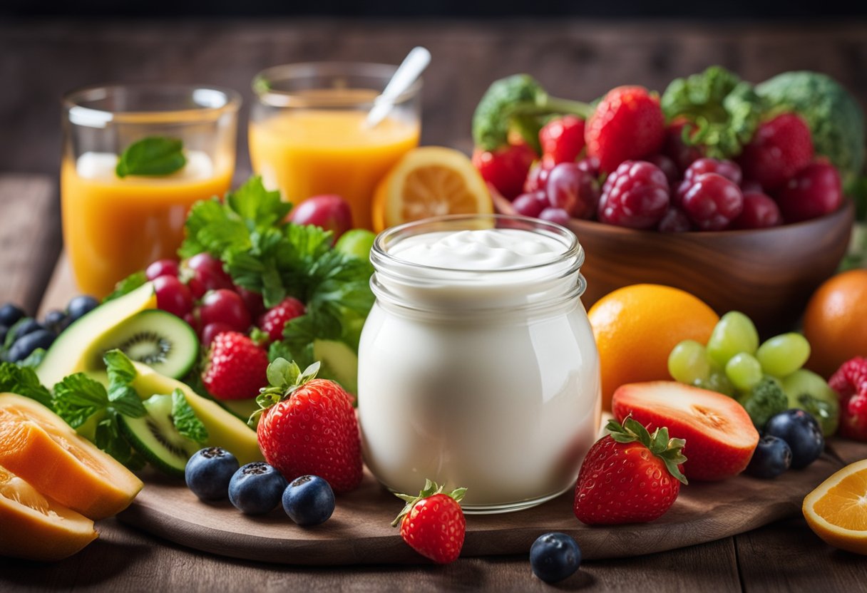 A clear glass filled with probiotic-rich yogurt, surrounded by colorful fruits and vegetables, with a background of a happy digestive system