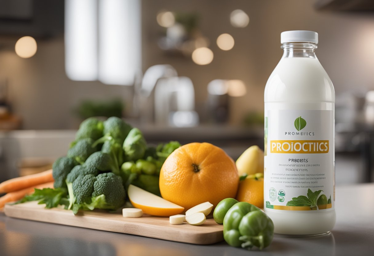 A clear bottle of probiotics sits on a kitchen counter, surrounded by fresh fruits and vegetables. The label prominently displays the word "probiotics" in bold letters