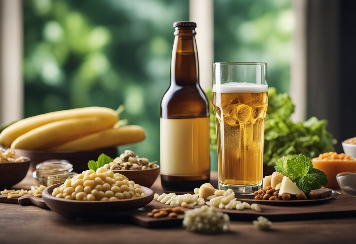 A glass of alcohol and a bottle of probiotics surrounded by various gut-friendly foods and bacteria