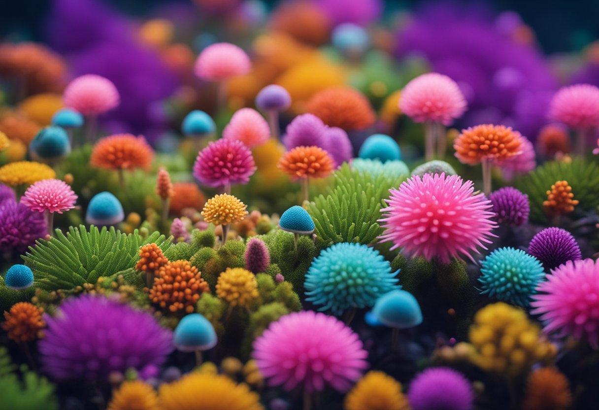 A vibrant ecosystem of colorful microorganisms thrives in a postbiotic environment, with diverse shapes and textures creating a dynamic and otherworldly landscape