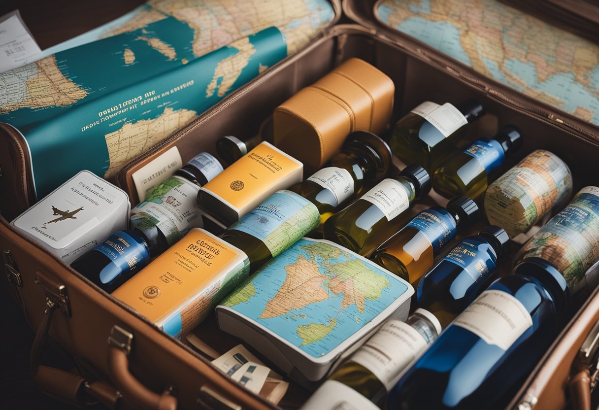 A suitcase bursting with colorful bottles of travel probiotics, surrounded by a map, passport, and plane ticket