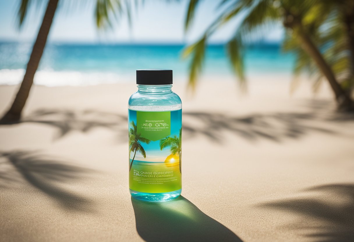 A colorful bottle of travel probiotics sits on a tropical beach with palm trees and clear blue water in the background. The sun is shining, and there is a sense of relaxation and wellness in the air