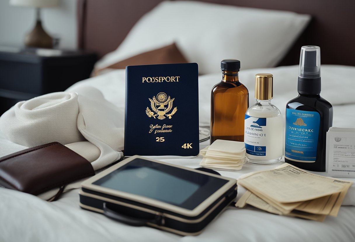 A suitcase filled with various travel essentials, including a bottle of travel probiotics, sitting on a bed next to a passport and boarding pass