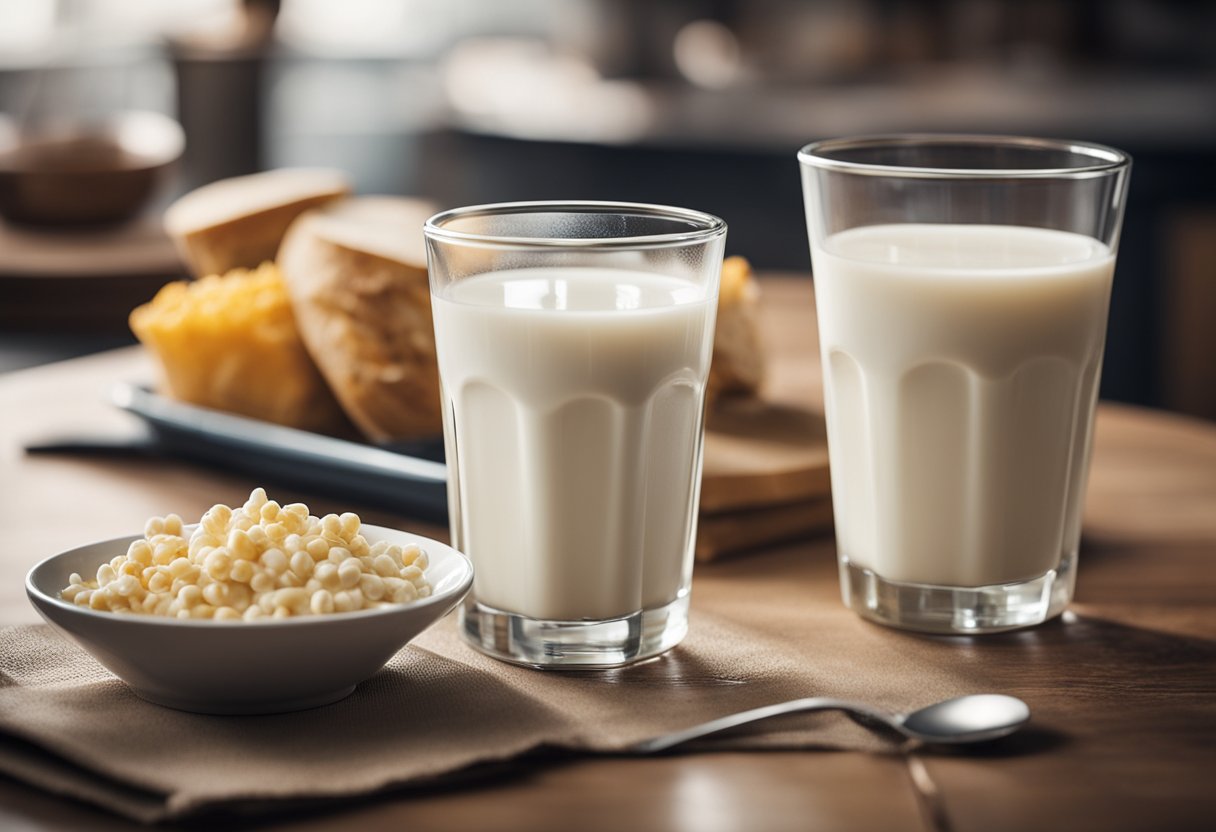 A carton of milk sits on a table, surrounded by various food items. An empty glass and a spoon are nearby