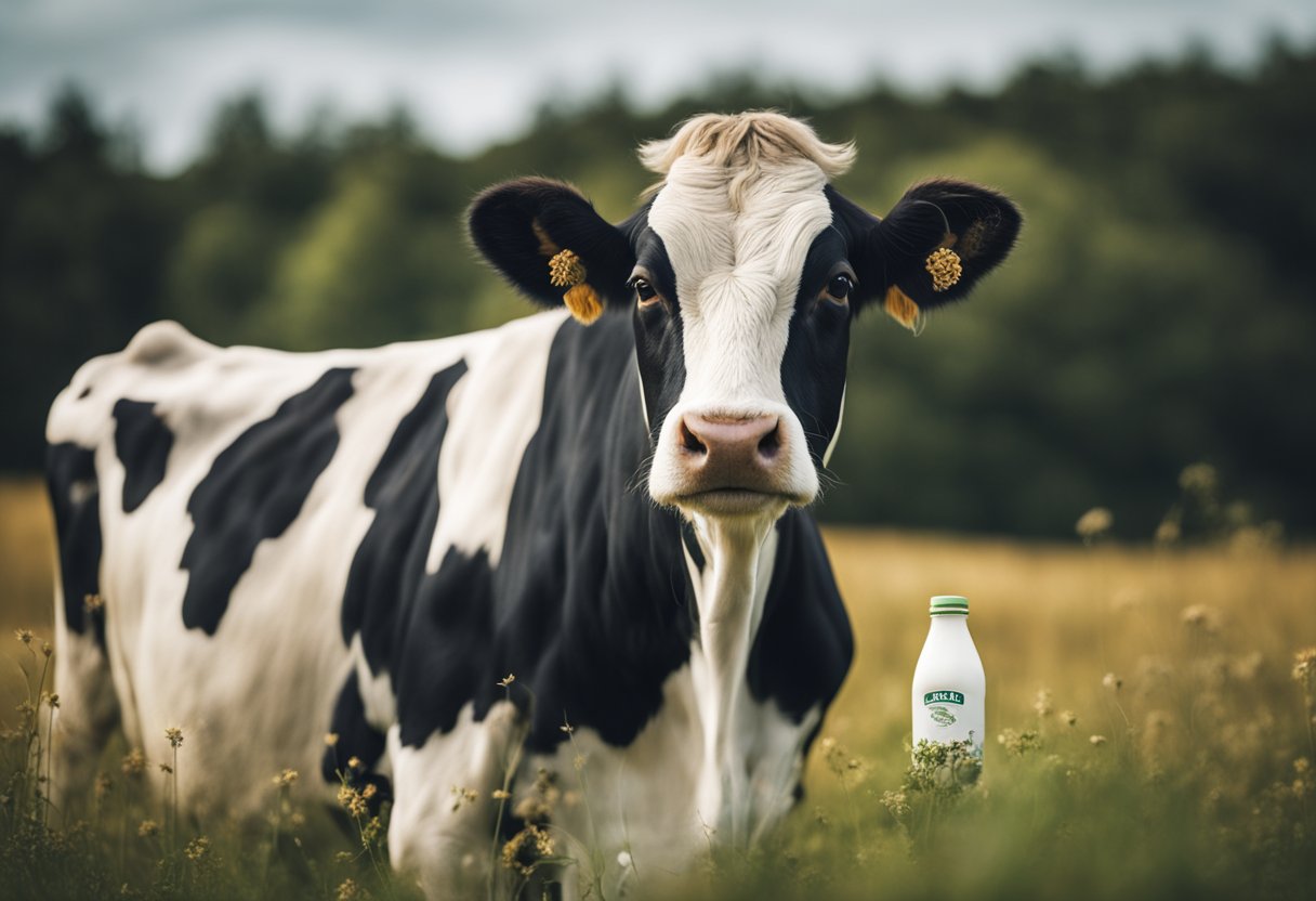 A cow standing in a field with a bottle of milk next to it