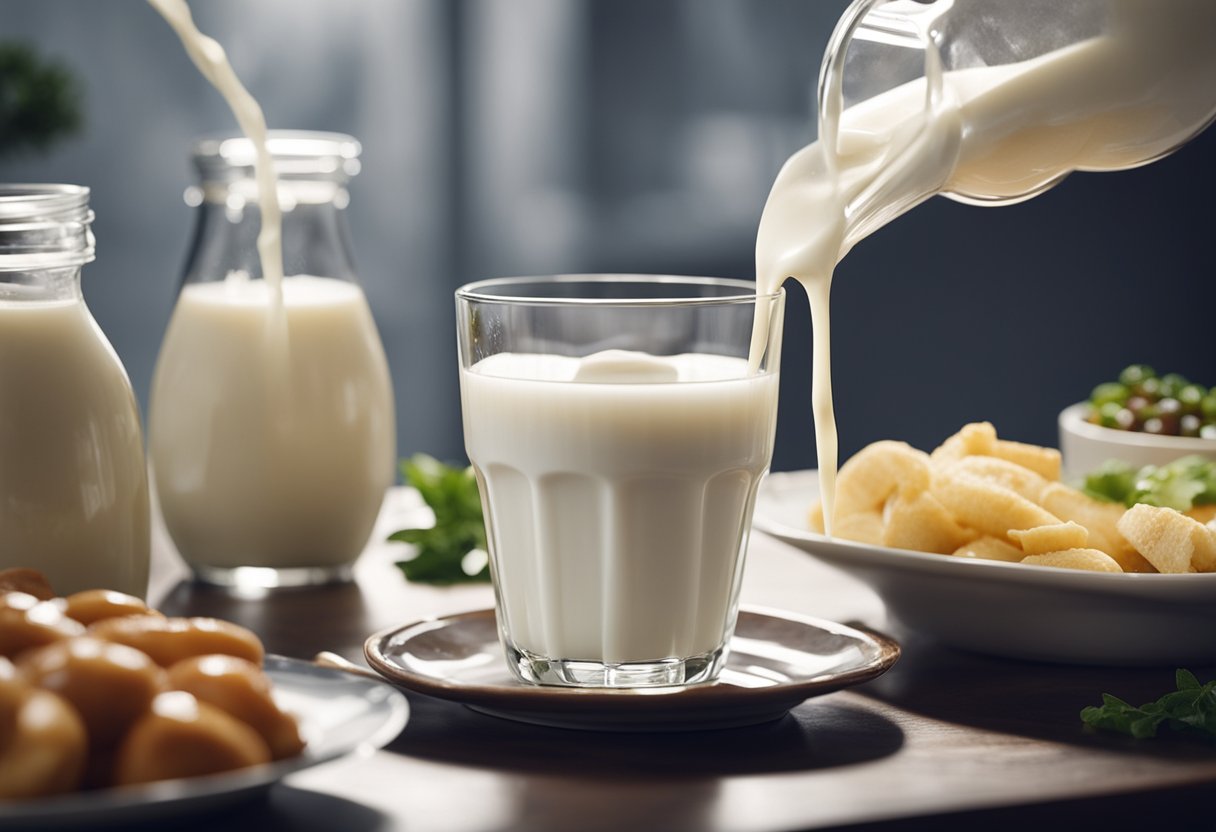 A glass of milk sits next to a plate of food. The milk is being poured into a bowl and is surrounded by various digestive system organs