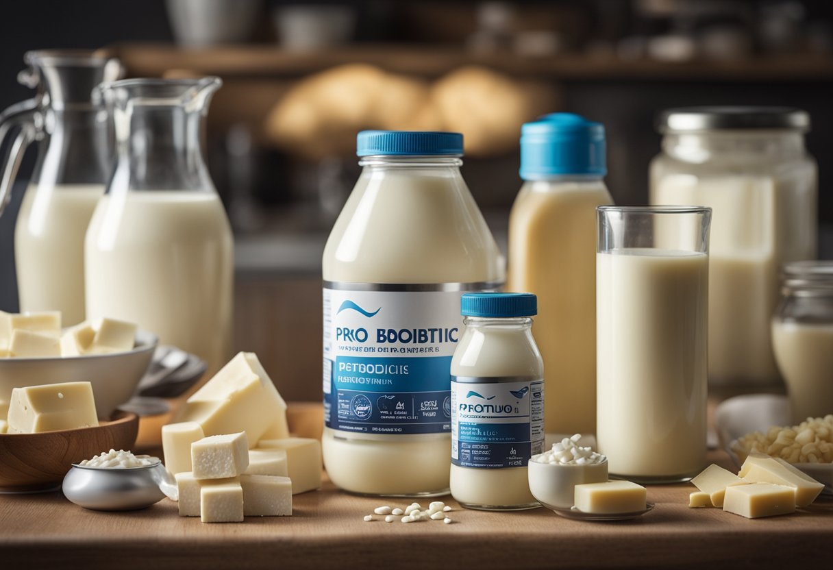 A bottle of probiotic for lactose intolerance sits on a kitchen counter, surrounded by dairy products
