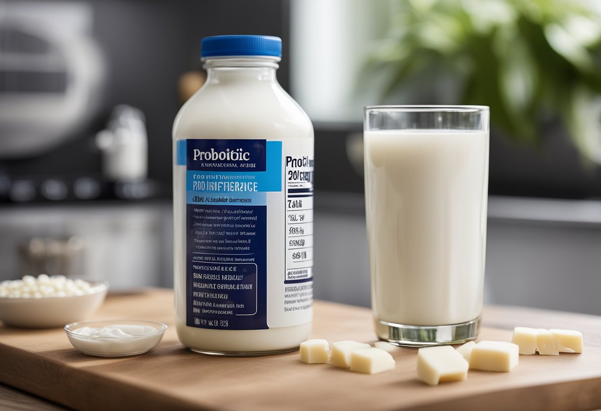 A bottle of probiotics sits next to a glass of milk. The probiotic label prominently displays "for lactose intolerance." A happy stomach icon is also featured on the label
