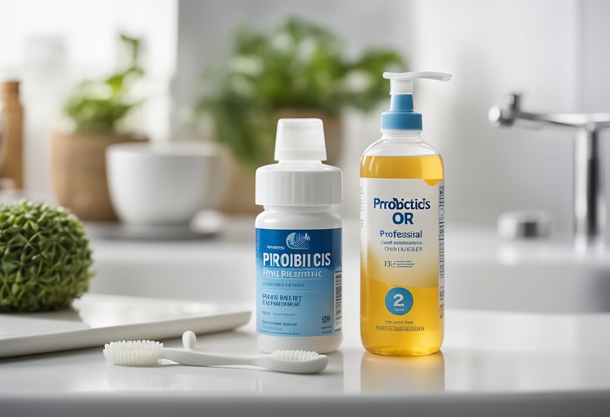 A bottle of probiotics sits on a clean, white countertop next to a toothbrush and a glass of water. The label on the bottle prominently displays the words "probiotics for oral thrush."