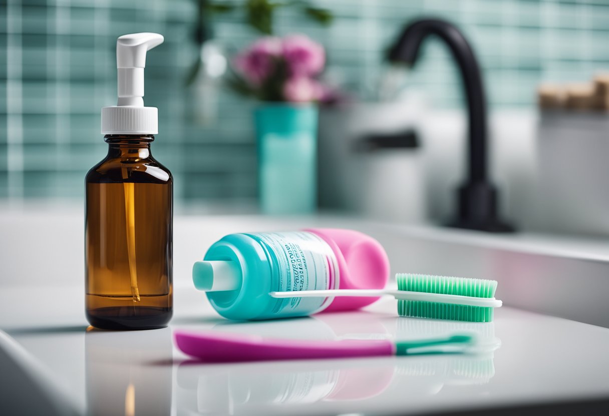 A colorful bottle of probiotics sits next to a toothbrush and floss on a bathroom counter, with a backdrop of a healthy mouth and teeth