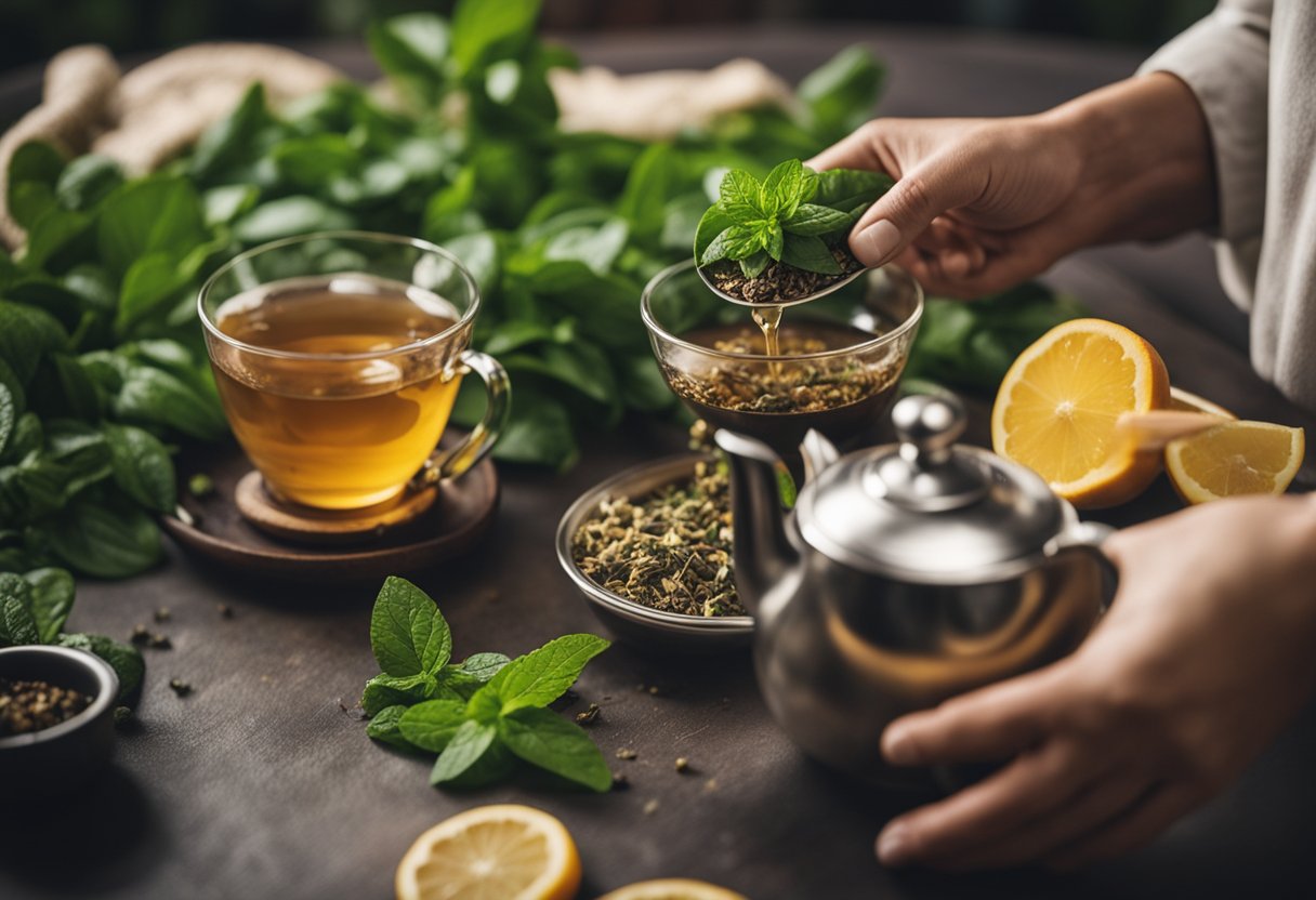 A person brewing herbal tea with ginger and peppermint leaves to relieve a bloated stomach