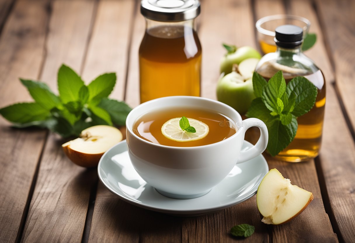 A cup of ginger tea and a bowl of peppermint leaves on a wooden table, with a bottle of apple cider vinegar in the background